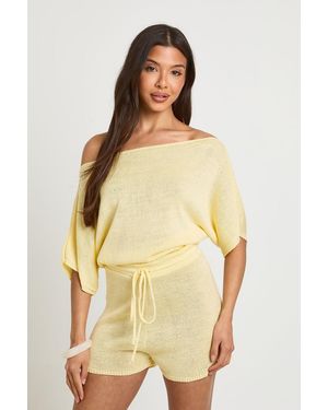 Boohoo Slash Neck Lightweight Knitted Beach Cover Up - Yellow