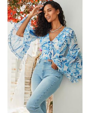 Sosandar Floral Print Ruffle Detail Blouse - Blue