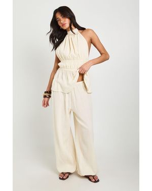 Boohoo Cheesecloth Balloon Leg Trousers - Natural