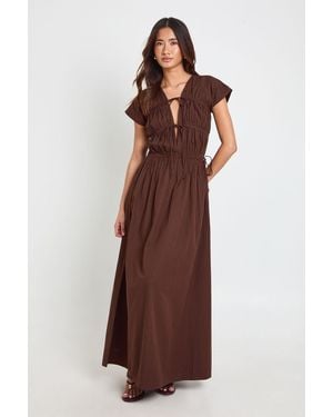 Boohoo Cotton Poplin Shirred Front Tie Maxi Dress - Brown