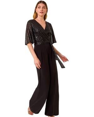 Roman Sequin Flutter Sleeve Stretch Jumpsuit - Black