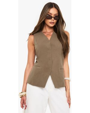 Boohoo Linen Longline V Neck Tailored Waistcoat - Brown