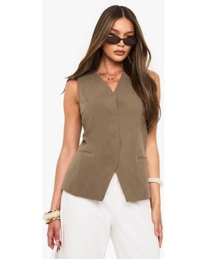Boohoo Linen Longline V Neck Tailored Waistcoat - Brown