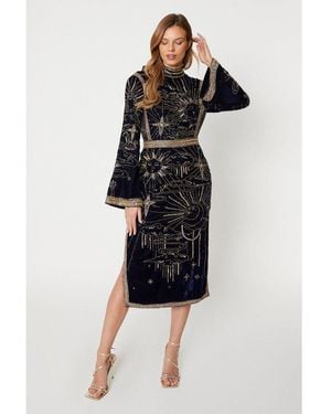 Coast Velvet Midi Dress With Celestial Hand Embellishment - Blue