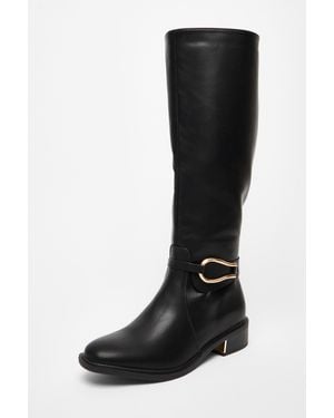Quiz Wide Fit Faux Leather Knee High Flat Boots - Black