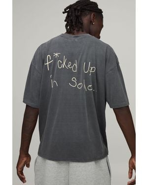 BoohooMAN Washed Oversized Boxy Soho Slogan Print T-Shirt Cotton - Grey