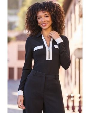 Sosandar Contrast Trim Zip Detail Jersey Top - Black