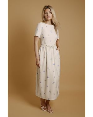 Oasis Pansy Print Ottoman Twill Midaxi Dress With Bow - Natural