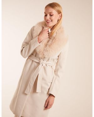 Blue Vanilla Faux Fur Collared Belted Coat - Natural