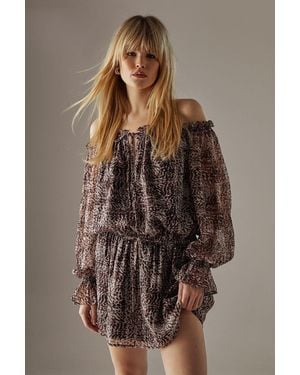 Warehouse Metallic Chiffon Bardot Drop Waist Mini Dress - Brown