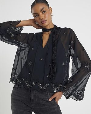 River Island Blouse Long Sleeve Chiffon Cutwork Viscose - Blue
