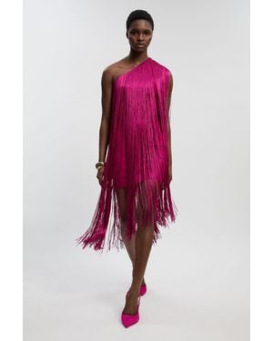 Karen Millen Figure Form Bandage One Shoulder Fringe Mini Knit Dress - Red