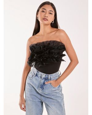 Pink Vanilla Corsage Front Ruffle Bodysuit - Black