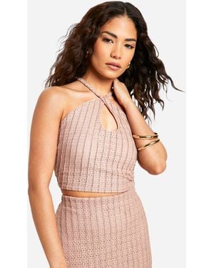 Boohoo Petite Textured Halter Keyhole Crop Top - Natural