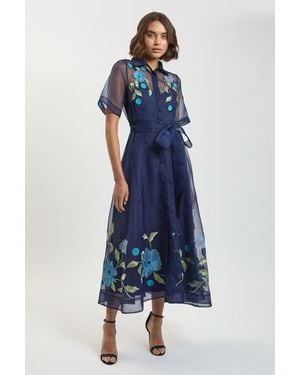 Karen Millen Embroidered Detail Organdie Belted Shirt Dress - Blue