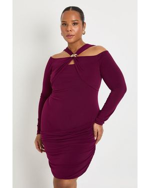 Boohoo Plus Long Sleeve Halter Trim Mini Dress - Purple