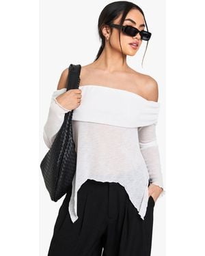 Boohoo Sheer Mesh Bardot Top With Drape Detail - White