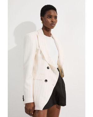 Karen Millen Pinstripe Double Breasted Waisted Tailored Jacket - Natural