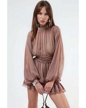 Msn-Collection Frilly Turtleneck Mini Dress - Brown