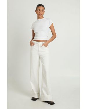 Boohoo Turn Up Hem Twill Wide Leg Trousers - White