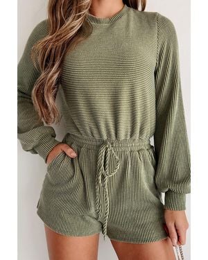 Everyday the Label Pickle Corded Pullover Long Sleeve Drawstring Romper - Green