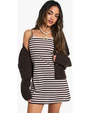Boohoo Stripe Cotton Strappy A-Line Mini Dress - Brown