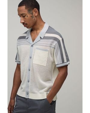 BoohooMAN Relaxed Boxy Open Stitch Striped Knitted Shirt - Grey