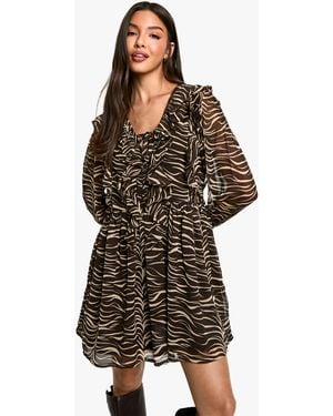 Boohoo Zebra Ruffle Smock Dress - Black