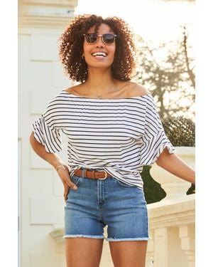 Sosandar Stripe Fluted Sleeve Jersey Bardot Top - Blue