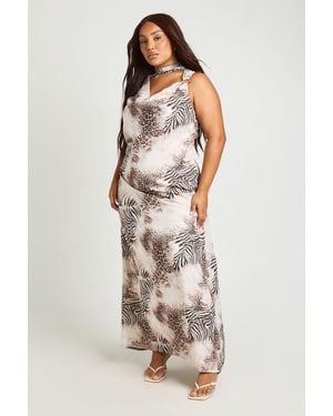 Boohoo Plus Mixed Animal Scarf Detail Chiffon Maxi Dress - Natural