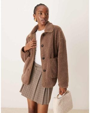 Vila Collared Teddy Jacket With Trim Details - Brown