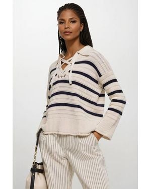 River Island Stripe Lace Up Jumper Cotton - Natural