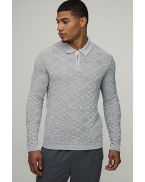 BoohooMAN Regular Fit Basket Weave Long Sleeve 1/4 Zip Knitted Polo - Grey