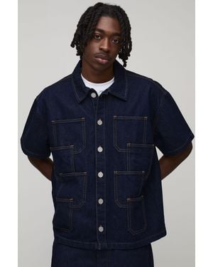 BoohooMAN Multi Pocket Boxy Oversized Denim Shirt - Blue