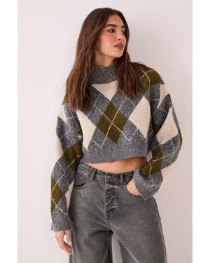 Nasty Gal Brushed Argyle Turtleneck Boxy Cropped Jumper - Brown