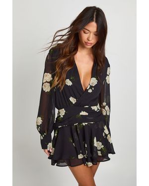 Boohoo Floral Print Ruched Front Mini Dress - Black