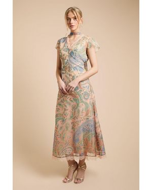 Oasis Fluted Sleeve Midaxi Dress With Neck Scarf Detail - Natural
