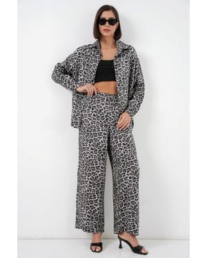 Bigdart Leopard Print Button-Up Shirt And Wide Leg Trousers Satin Two-Piece Set - Grey