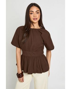 Boohoo Cinch Waist Peplum Tee - Brown