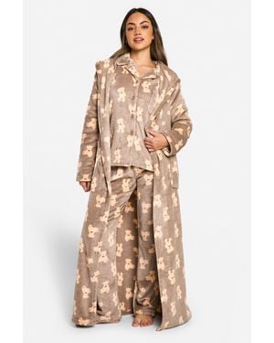 Boohoo Bear Print Fleece Maxi Dressing Gown - Natural