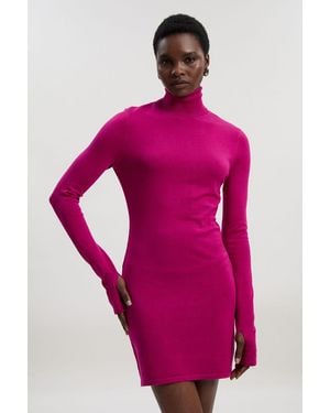 Karen Millen Viscose Blend Roll Neck Thumbhole Cuff Knit Mini Dress - Pink