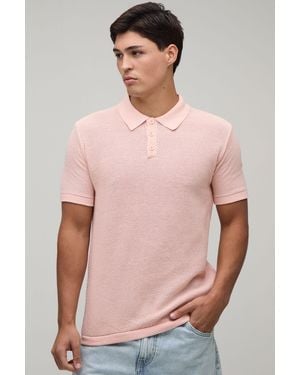 BoohooMAN Regular Fit Textured Button Up Knitted Polo - Pink