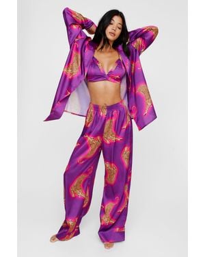 Nasty Gal Satin Leopard 3Pc Shirt Bralette & Trousers Pyjama Set - Pink