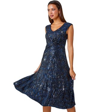 Roman Sequin Twist Front Midi Stretch Dress - Blue