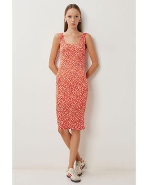 Happiness İstanbul Floral Printed Sleeveless Midi Dress With U Collar - Red