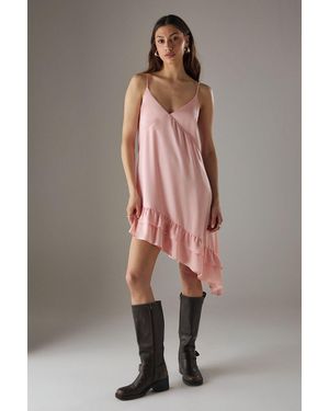 Warehouse Satin Asymmetric Ruffle Mini Strappy Dress - Orange