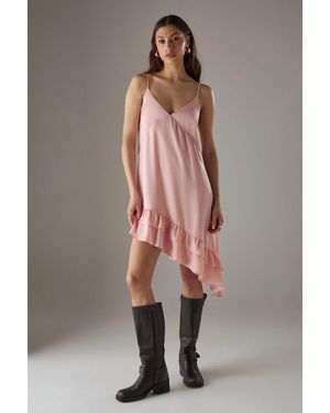Warehouse Satin Asymmetric Ruffle Mini Strappy Dress - Orange