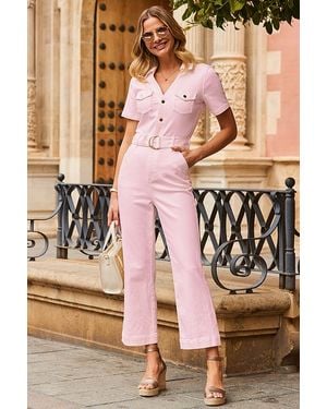 Sosandar D Ring Belt Culotte Denim Jumpsuit - Pink