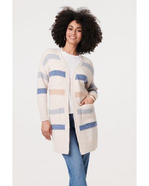 Izabel London Striped V-Neck Longline Relaxed Cardigan - Natural