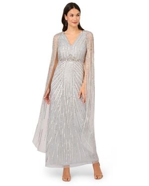 Adrianna Papell Beaded Cape Long Dress - White